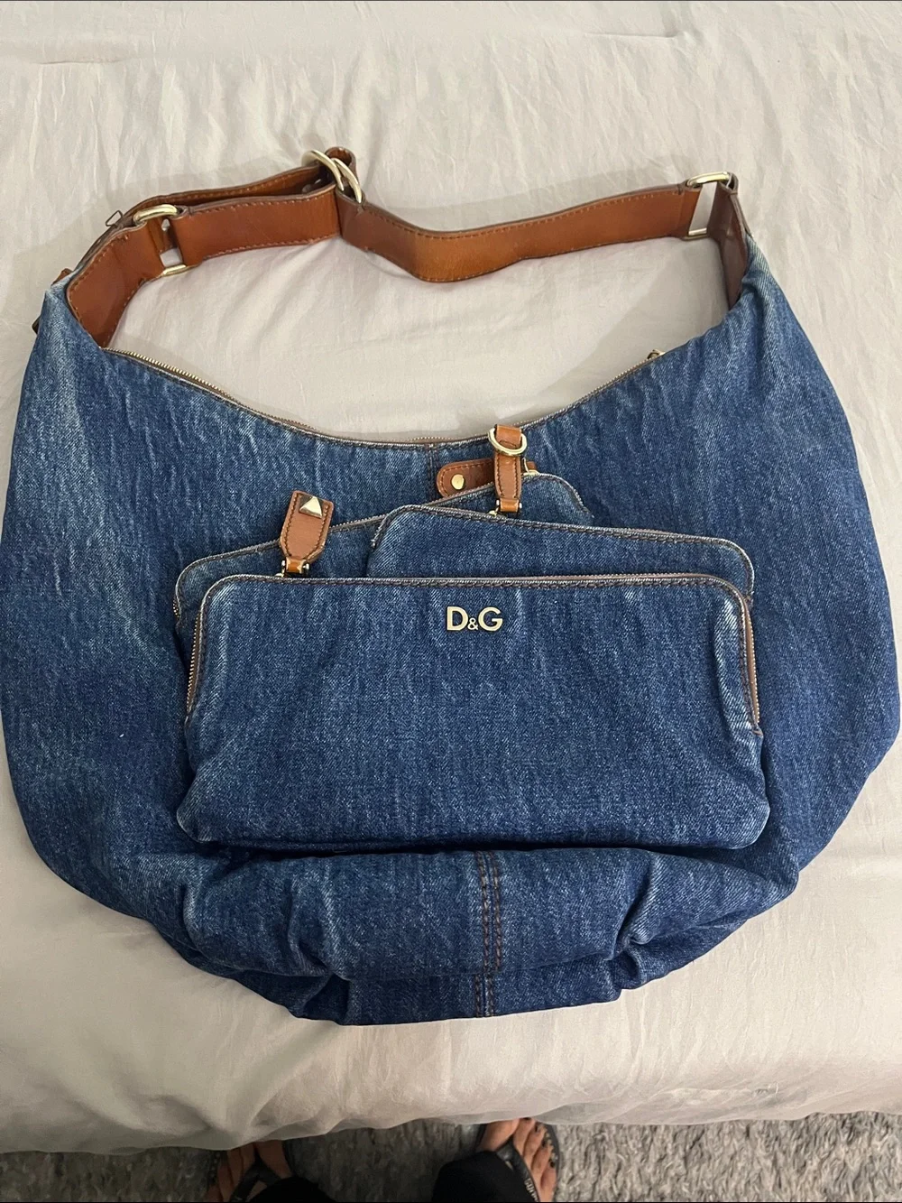 D&G Denim Shoulder Hobo Bag with Brown Leather Trim